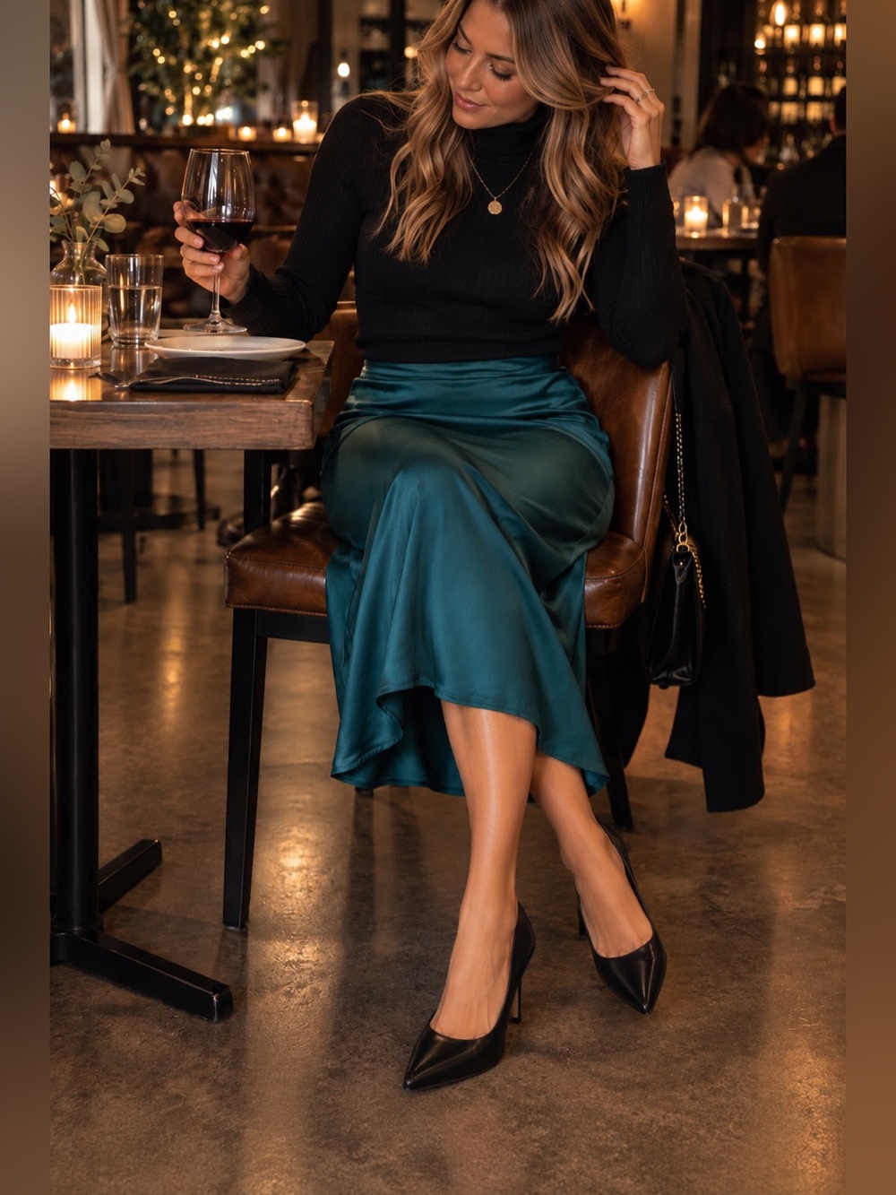 Dynamite | Teal | Satin Midi Skirt | Emerald Green | Size L